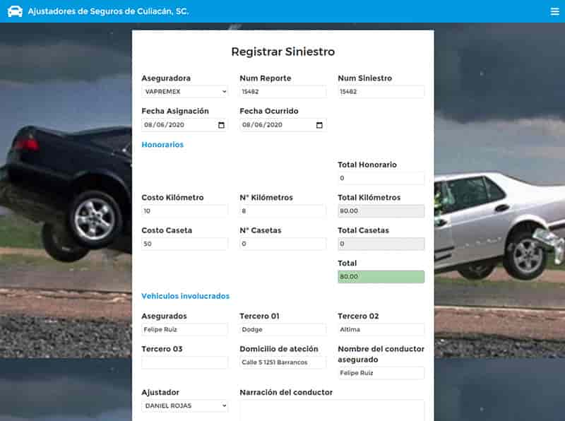 Pantalla para registrar un nuevo siniestro en el sistema de ajustadores de seguros de Culiacán.