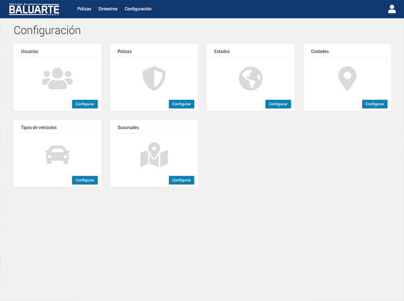 Patalla de configuración del sistema web baluarte.