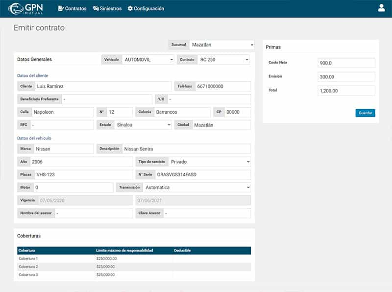 Pantalla para registrar nuevo contrato de protección vehícular de GPN Mutual / Pacifico Mutual.