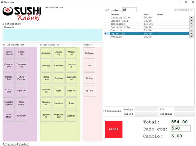 Pantalla para realizar nueva venta en el sistema de punto de venta para Sushi Kabuky.